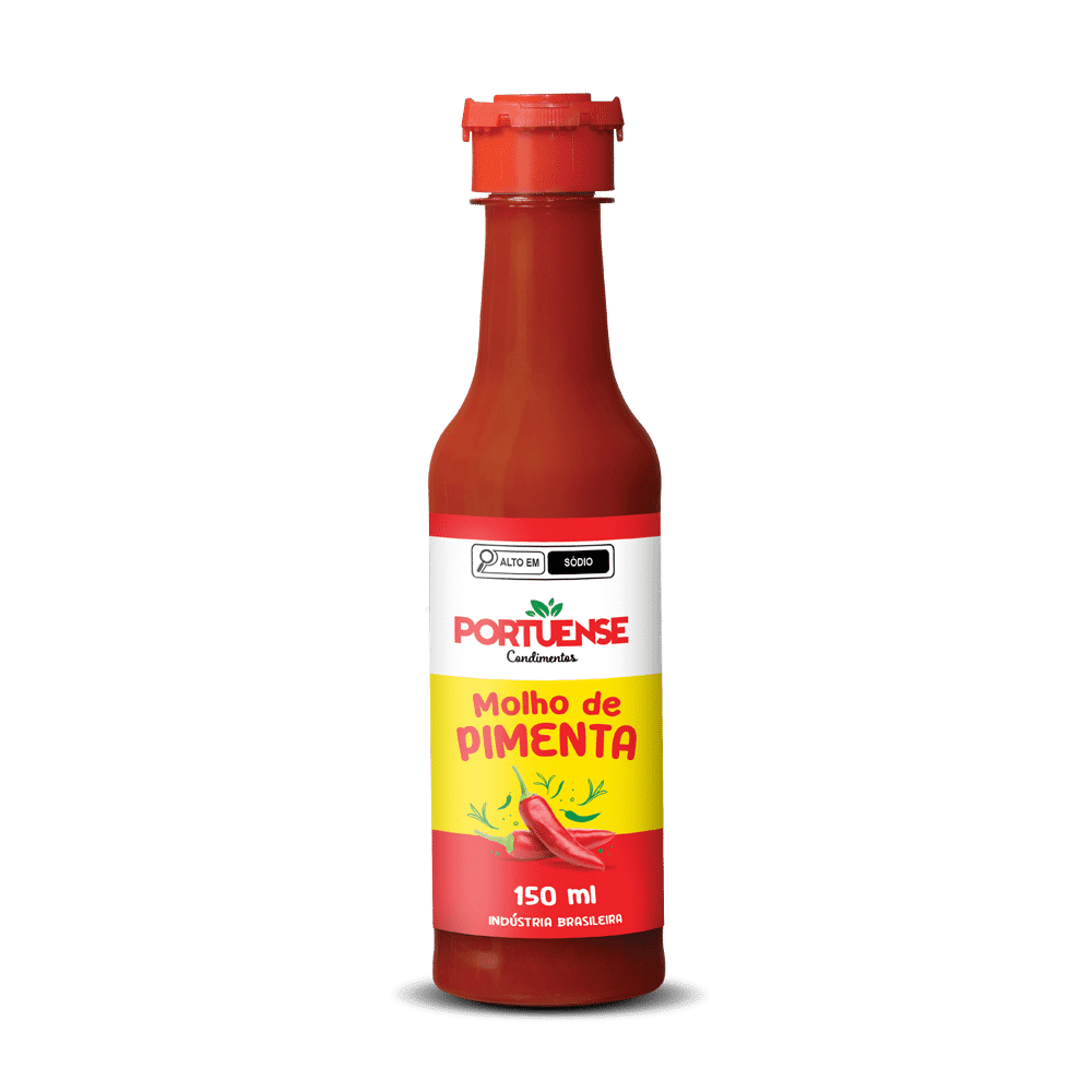 Frasco de tampa vermelha escrito "molho de pimenta" da marca portuense, com 150 ml